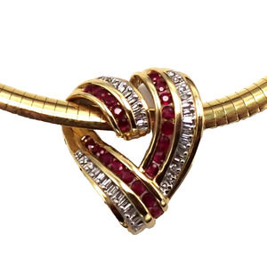 Macy 14K Gold Ruby Diamond Heart Slide Omega Necklace 18" Italy w/Appraisal Exc